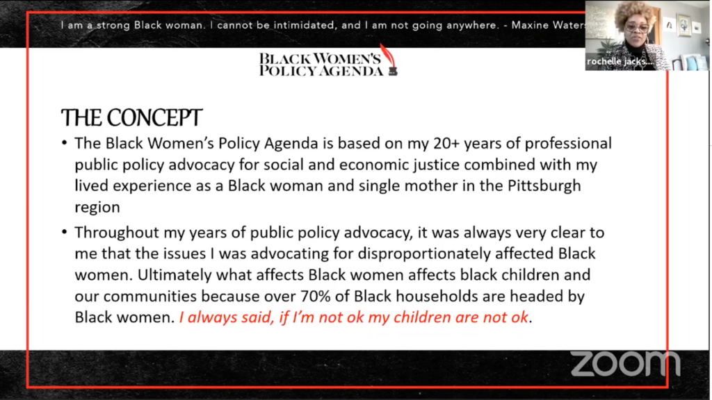 Rochelle Jackson's outline of the Black Women's Agenda based on her lived experience and being a professional policy advocate. 