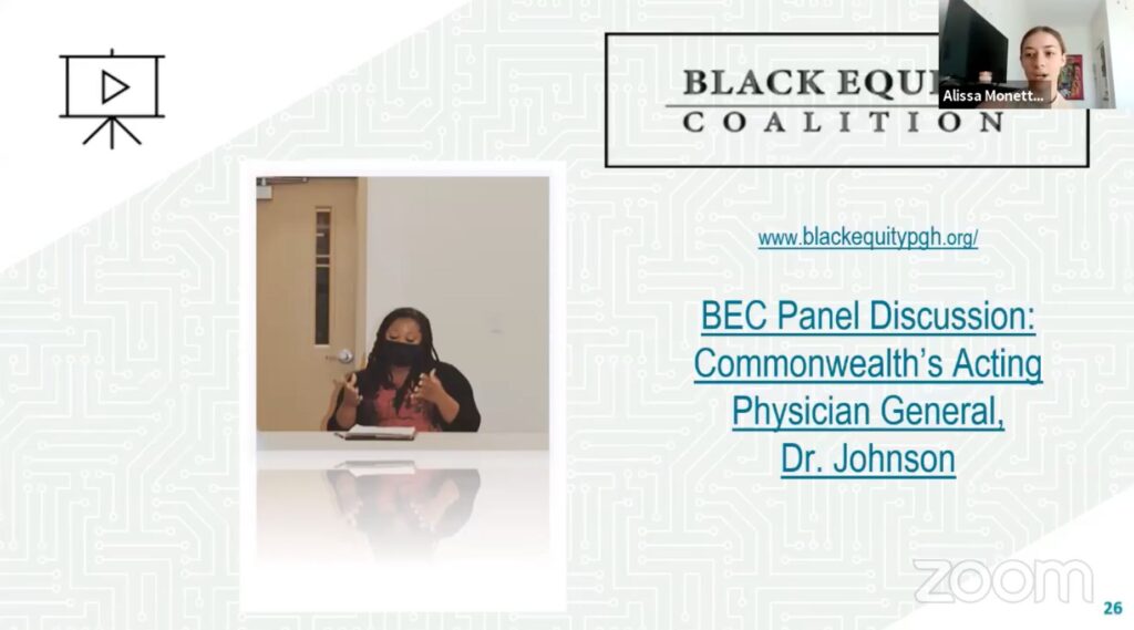 Slide of Black Equity Coalition Flyer for panel discussion on Covid-19. 