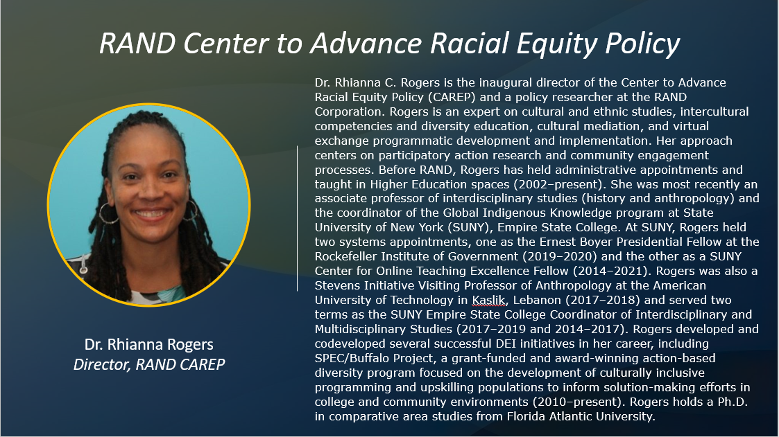 Dr. Rhianna Rogers from RAND Corporation speaks about equity